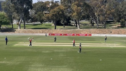Maddie Penna celebrates her century on Karen Rolton Oval en route to her 109